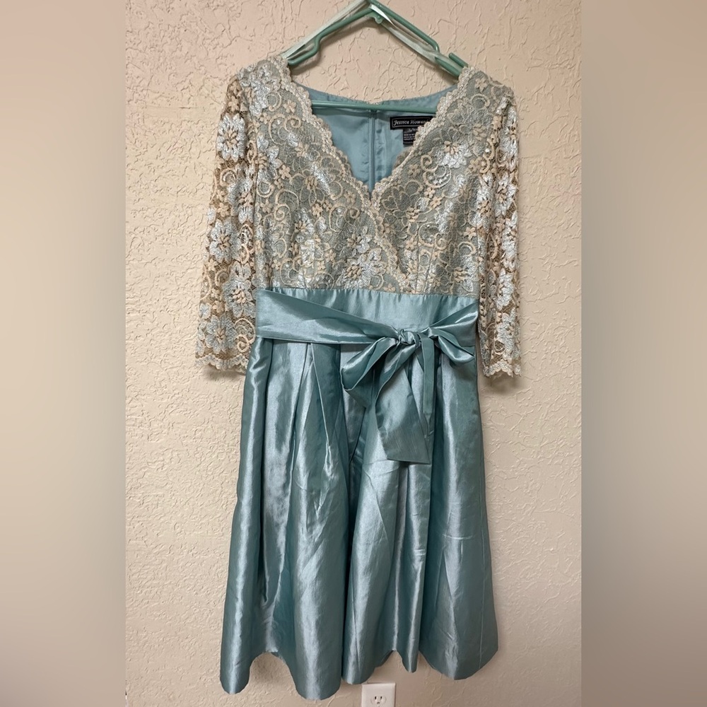 Elegant Vintage Lace & Satin Light Blue and Beige Dress with Bow